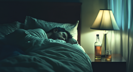 man aan het slapen met alcohol naast zijn bed