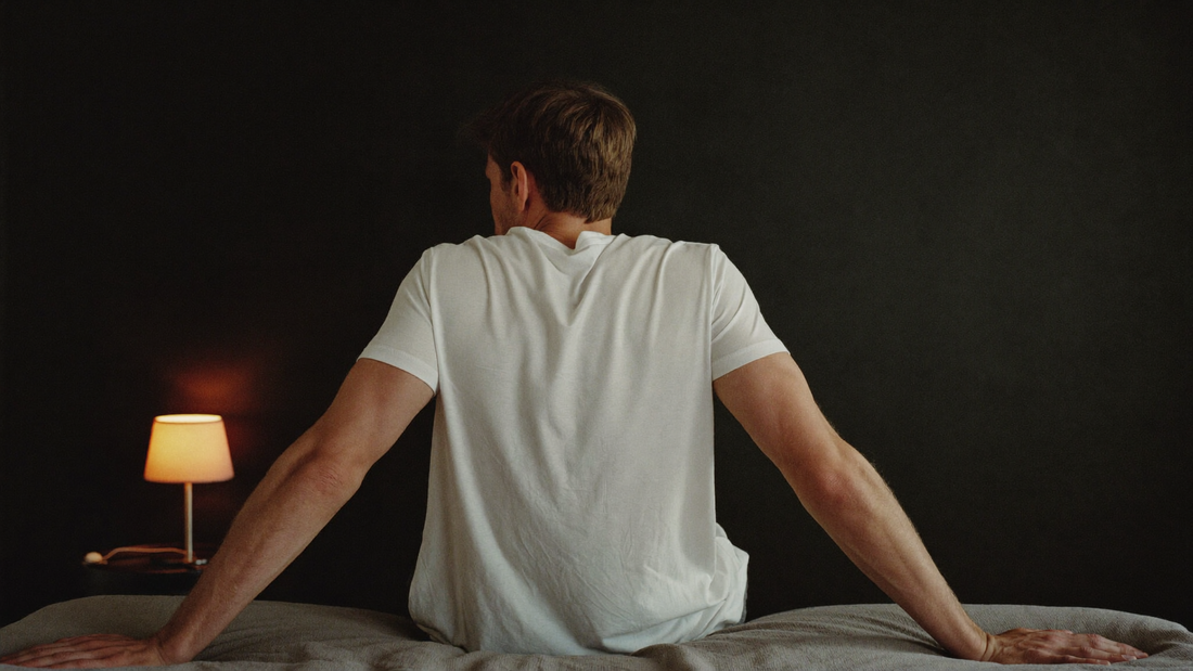 Man in een wit T-shirt zit op de rand van zijn bed in een donkere slaapkamer met een klein lampje aan