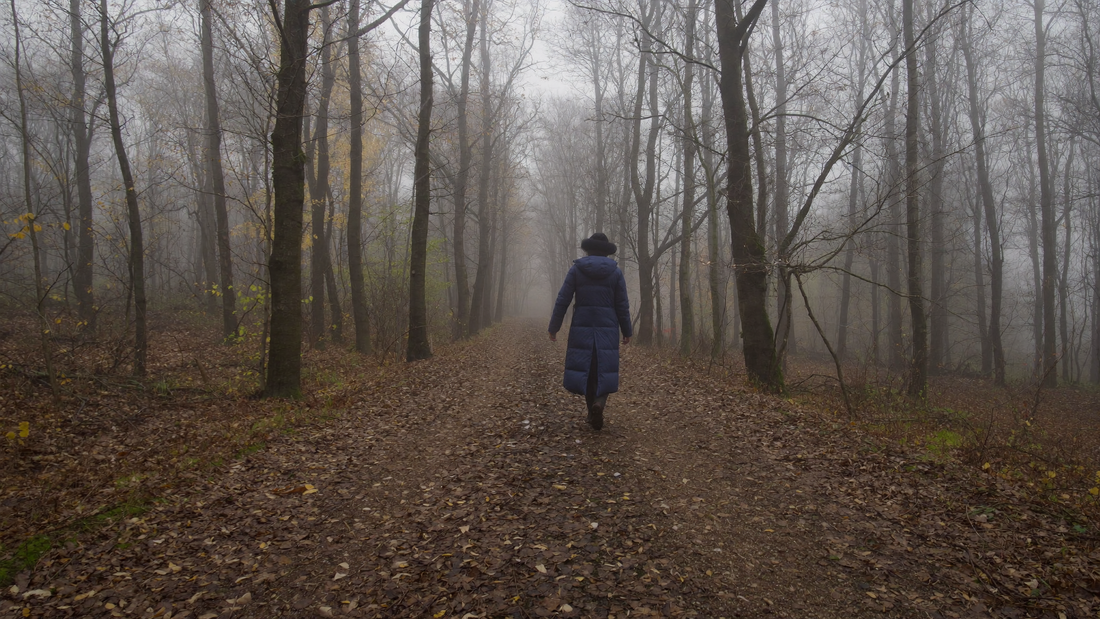 Iemand met een winterjas loopt op een mistig bospad op een grijze herfstochtend